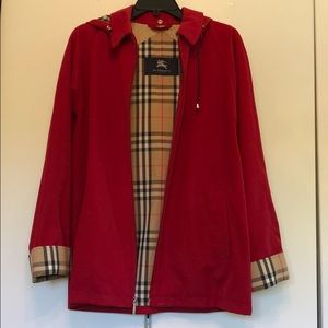 Burberry red plaid lined jacket w/ removable hood